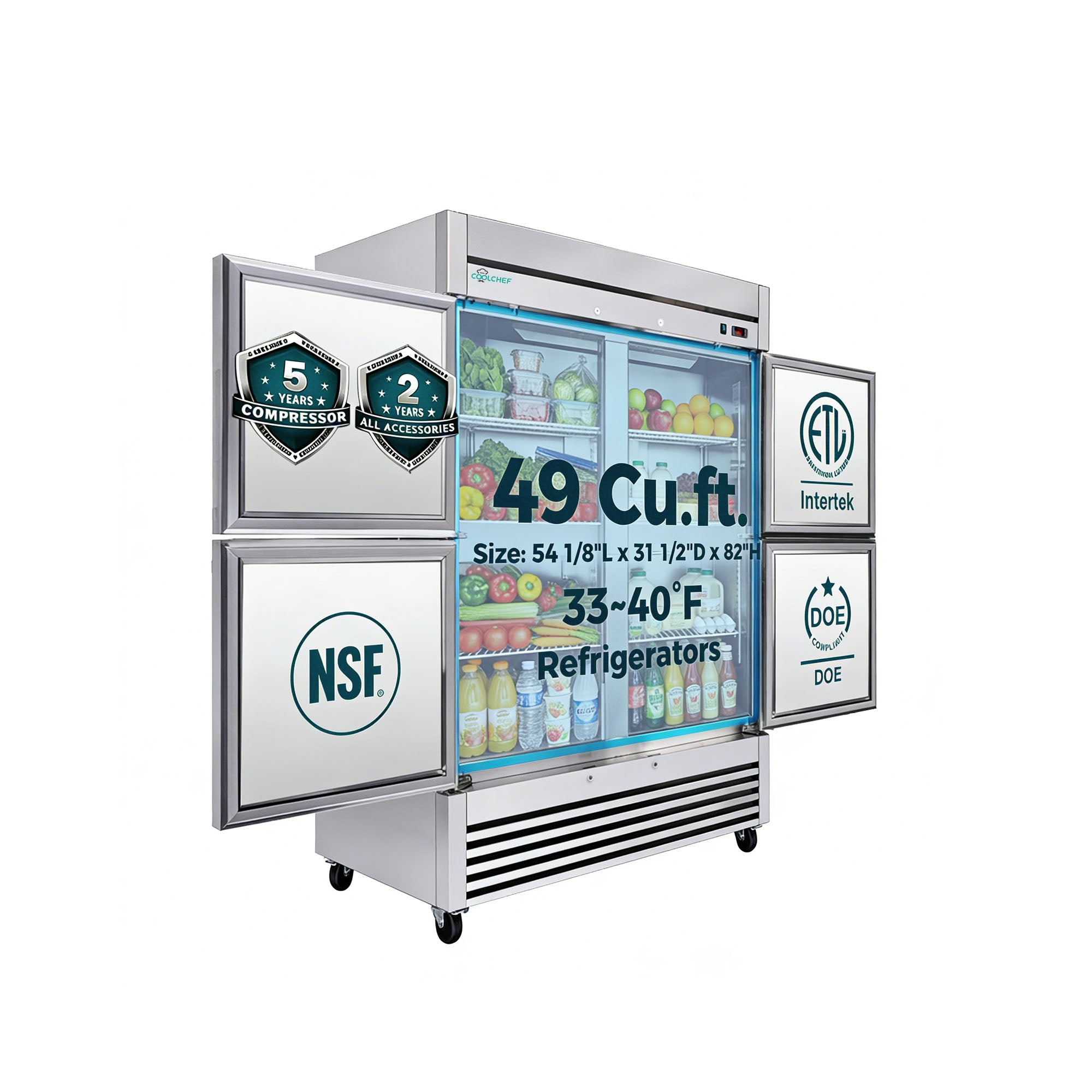 49 Cu Ft 54" Commercial 4 Half Door Reach-In Refrigerator ETL