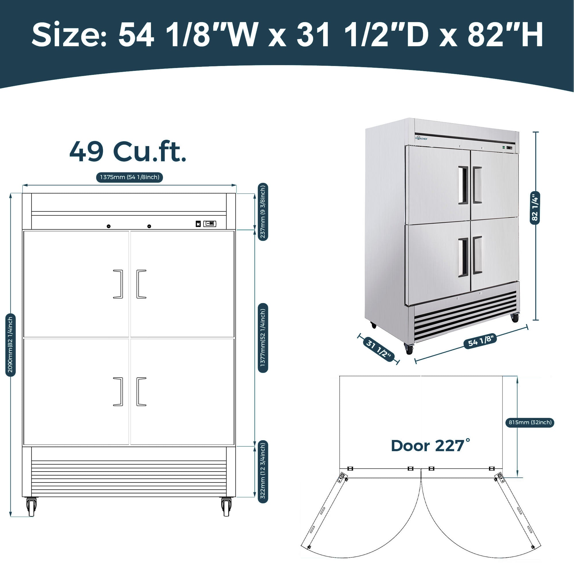 49 Cu Ft 54" Commercial 4 Half Door Reach-In Refrigerator ETL