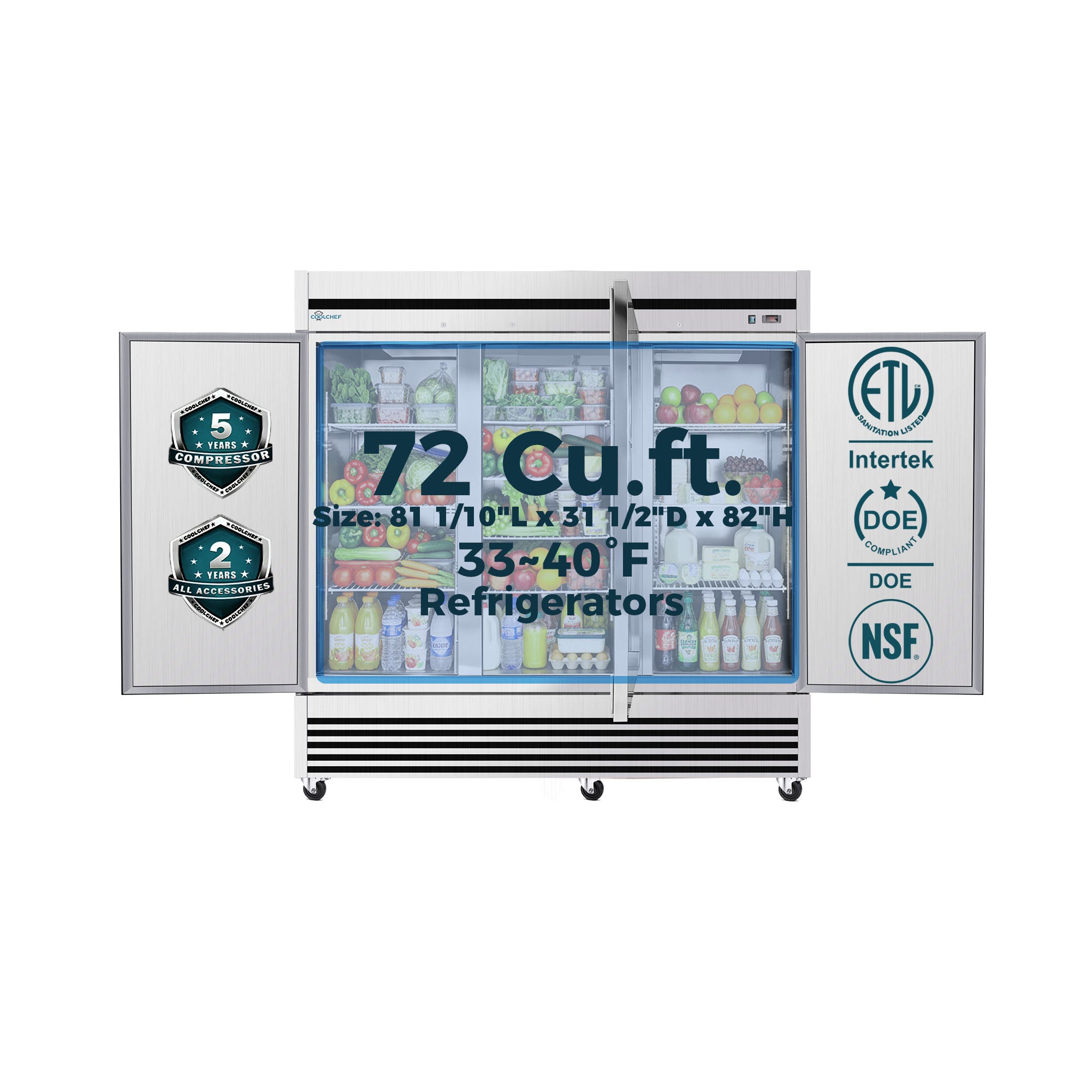 72 Cu Ft 3 Door Commercial Reach In Refrigerator ETL
