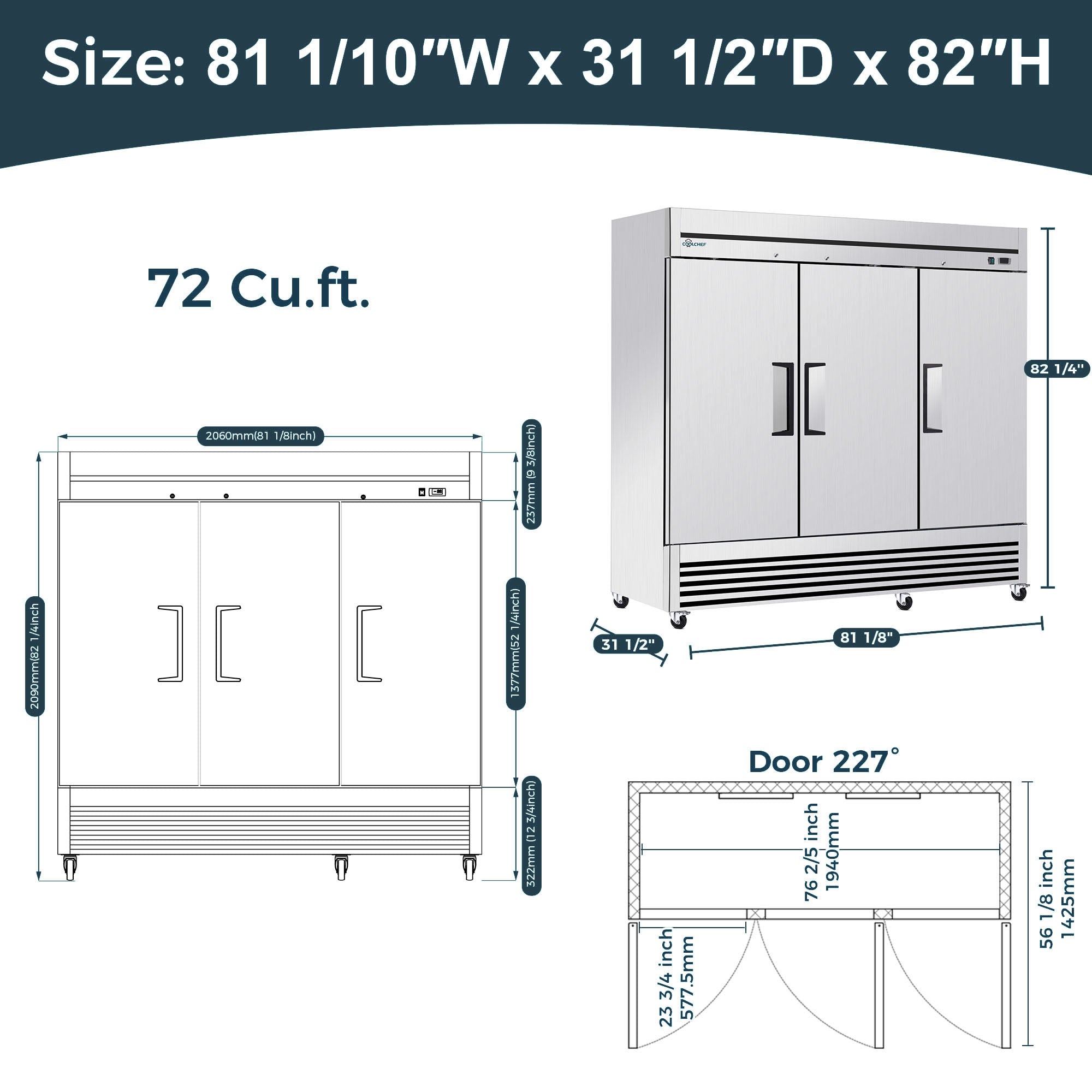 72 Cu Ft 3 Door Commercial Reach In Refrigerator ETL